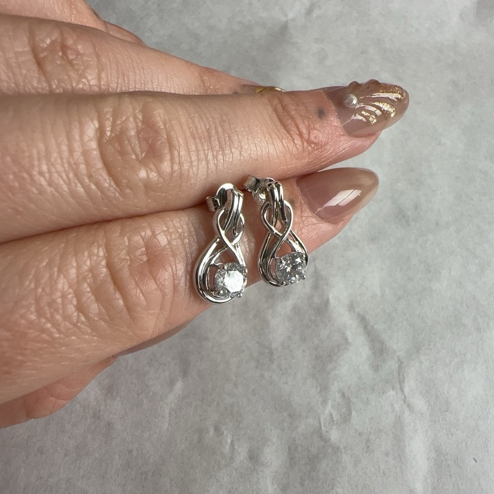 Sterling Silver 925 Teardrop Stud Earrings Clear Stone Infinity Knot Design